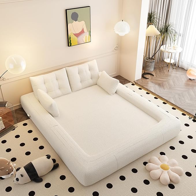 78.7" Convertible Sofa Bed, 3-in-1 Folding Floor Couch with 4 Pillows, Sleeper Sofa for Living Room and Guest Bed, No Assembly Required (Beige, Teddy Fabric)