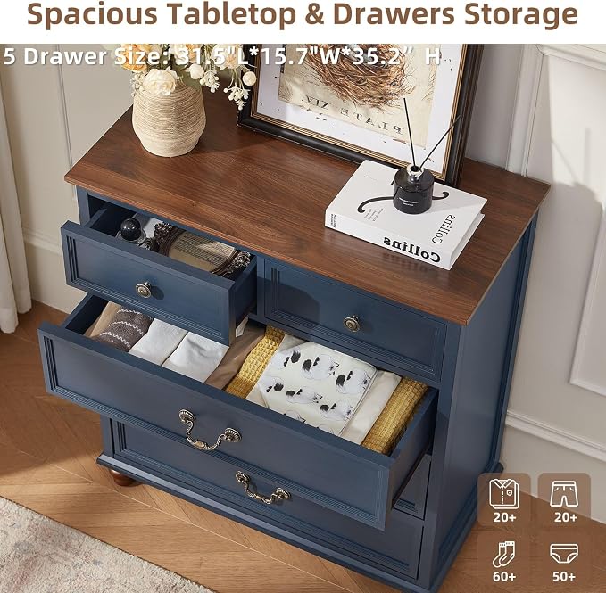 Joaxswe Farmhouse 5 Drawer Dresser for Bedroom, 35" Tall Rustic Chests of Drawers w/ 4 Solid Wood Feet, Mid Century Modern Wooden Closet Storage Dressers Organizer for Living Room, Hallway,Blue - Image 4