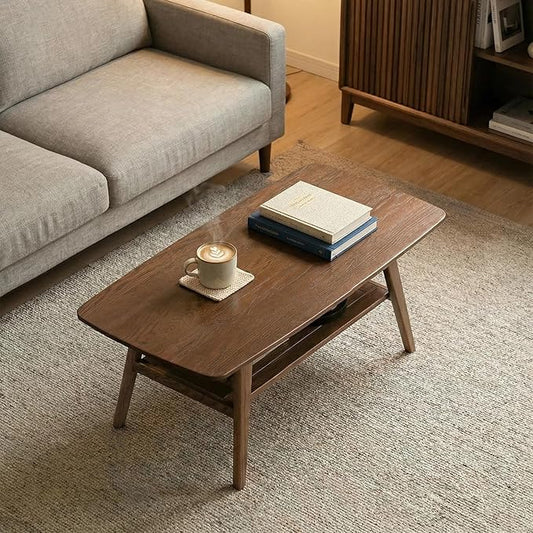 Mid Century Modern Coffee Table: 100% Solid Wood Coffee Table - 2-Tier Storage Design - Practical Coffee Tables for Living Room, Apartment, Easy Assembly (Walnut, 39.37")