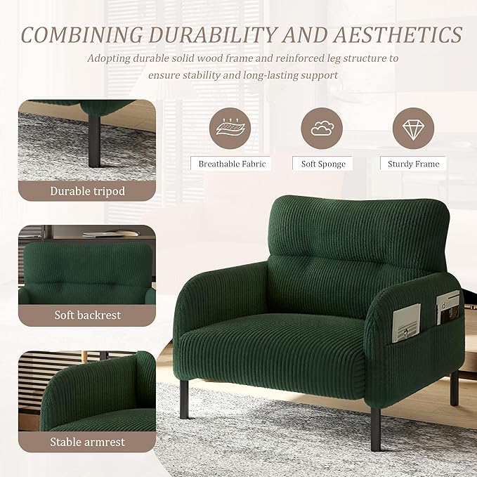 KEIKI 26" Corduroy Single Sofa Chair with Double Side Pockets & High Resilience Cushion, Modern Ergonomic Design Upholstery Oversized 1-Seater Accent Chair, Easy Assembly, for Living Room, Emerald