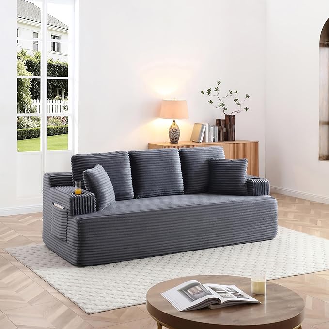 Eafurn Floor Loveseat Boneless Sofa Couch in a Box with Cup Holder and Side Pockets, 3 Seater Comfy Corduroy Upholstered Foam Couch with Deep Seating for Living Room,No Assembly | Breathable material, Cupholders