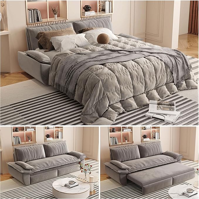 73.2" Queen Size Pull Out Sofa Bed, 3-in-1 Convertible Sleeper, Velvet Loveseat for Living Room, Apartment, Bedroom Small Spaces, Grey (Mattress & Bedding Not Included)