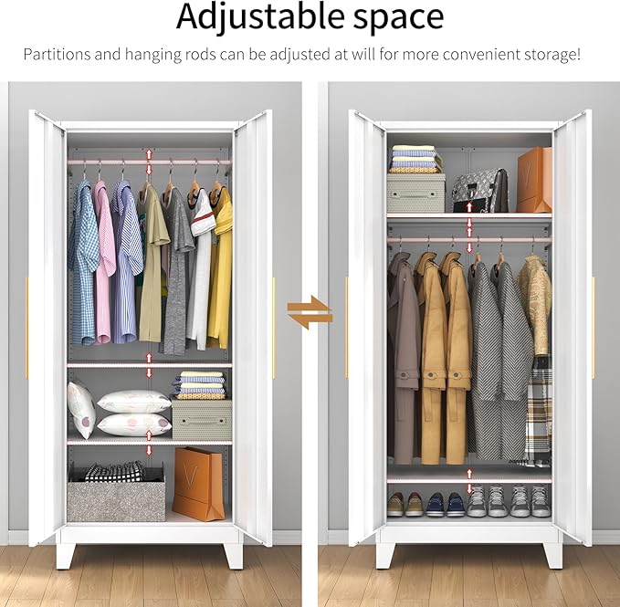 75.3" Tall Metal Armoire Wardrobe Closet with 2 Doors, Adjustable Hanging Rod & 2 Adjustable Shelves, Freestanding Storage Cabinet Organizer for Bedroom, Office, Laundry Room, White