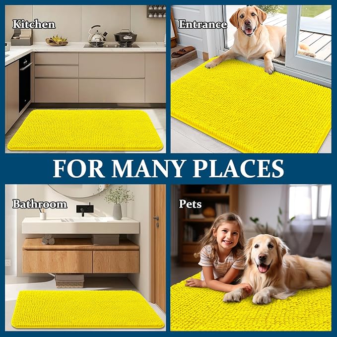 OLANLY Dog Door Mat for Muddy Paws 44x24, Absorbs Moisture and Dirt, Absorbent Non-Slip Washable Doormat, Quick Dry Chenille Mud Mat, Entry Indoor Entryway Carpet for Inside Floor, Lemon Yellow - Image 8