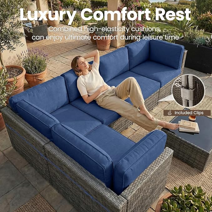 8 Pieces Patio Furniture Set with 44" Propane Gas Fire Pit Table, Outdoor Sectional Wicker Conversation Sofa Sets with Coffee Table