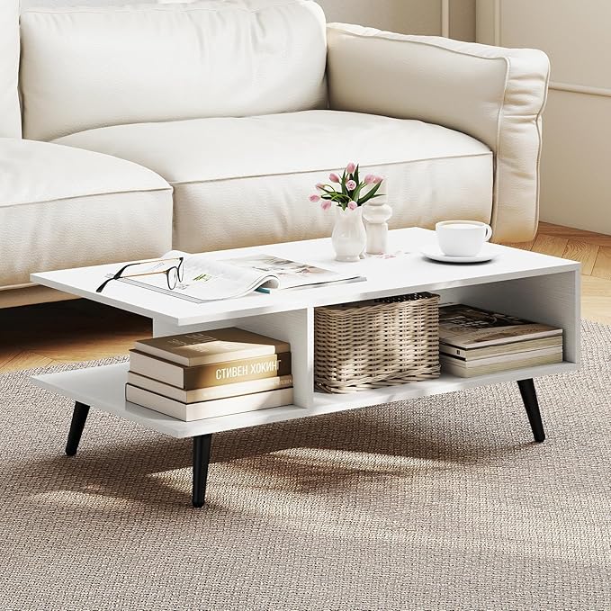 Giantex Coffee Table with Storage, Mid Century Modern Center Table for Living Room, Rectangle Tea Table with Open Storage Shelf & Floor-Anti-Scratching Tapered Metal Legs, Rustic Brown (White)