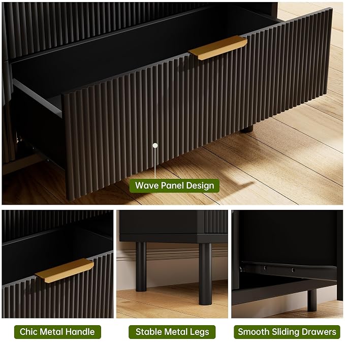 GarveeHome Black Wave Fluted 6 Drawer Dresser, Wide Wood Double Dresser with Metal Legs and Handles, Modern Chest of Drawers with Anti-Tipping Design for Bedroom Living Room Hallway - Image 3