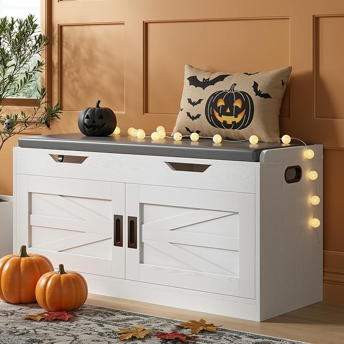 IRONCK Shoe Bench with Lift Top Storage, 42.4" Entryway Bench with Wider Cushioned Seat, End of Bed Bench with Adjustable Shelf & 2 Doors for Hallway, Bedroom, White - Image 3