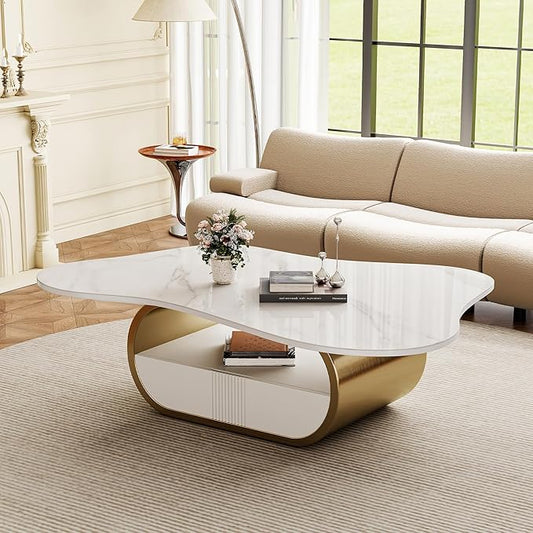 41.7 Inch Marble Coffee Table with Storage Drawer, Modern Butterfly Design, Sintered Stone Top and Gold Stainless Steel Base for Living Room, Scratch Resistant and Easy Assembly