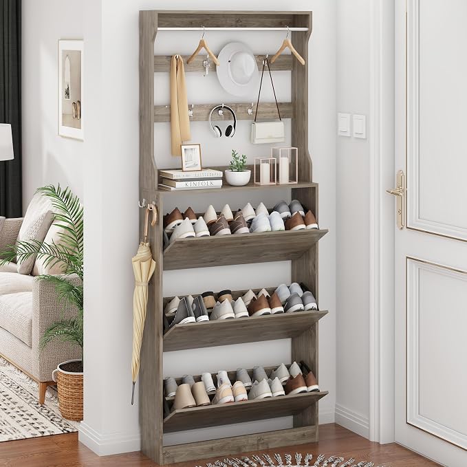 Shoe Cabinet for Entryway with 3 Flip Drawers, Grey Tall Wood Shoe Storage Cabinet with Coat Rack, Narrow Hidden Slim Freestanding Shoe Rack Organizer, 2 in 1 Hall Tree for Living Room, Hallway - Image 8