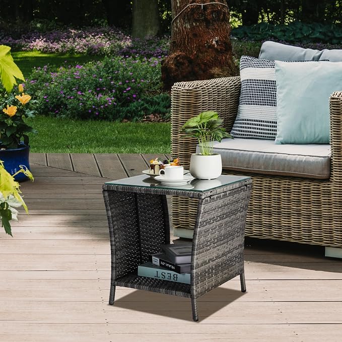 VINGLI Outdoor Wicker Side Table Patio Side Tables for Outside, Tempered Glass Top Wicker Table with Storage End Table for Balcony Porch Deck (Grey) - Image 2