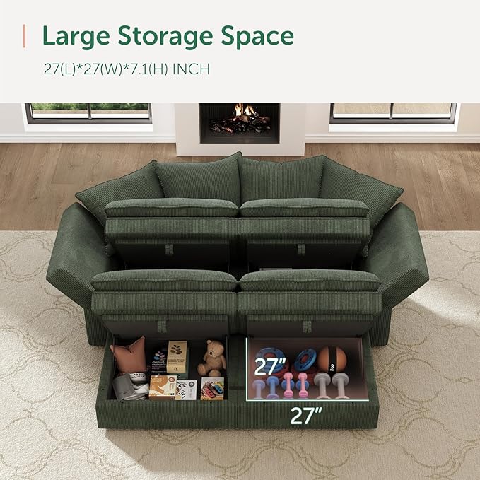 HONBAY Modular Sectional Sleeper Sofa, Corduroy 4 Seater Couch with Storage, Sectional Sleeper Couches for Living Room, Green