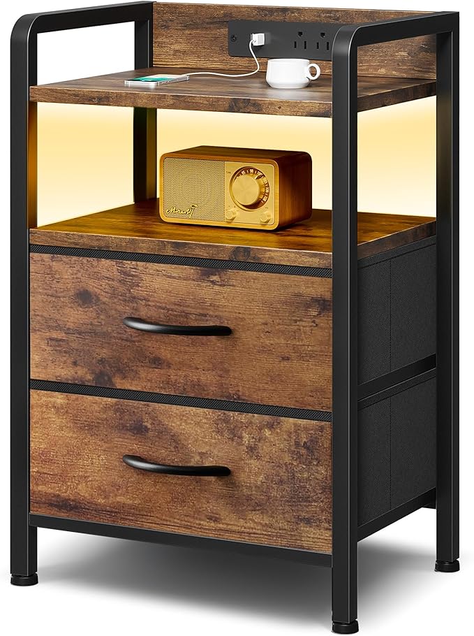 Lazzanto Night Stand Bedside Table Bedroom - Nightstand with Charging Station, Night Stand with LED Light Strip, End Table with U-S-B Ports & AC Outlets, Storage Shelf & 2 Fabric Drawers, Rustic Brown by Lazzanto
