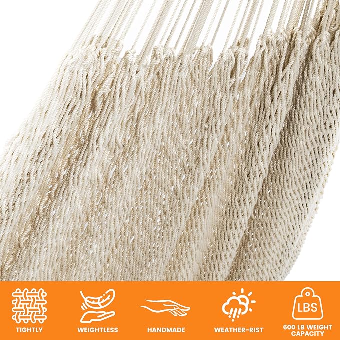 Lazy Daze Hammocks Handwoven Mayan Hammock, 10.5 FT Soft Rope Double Hammocks, Portable Outdoor Hammock with Carry Bag, 2 Straps & Carabiners for Patio Outside, 550 lbs Weight Capacity, Natural - Image 4