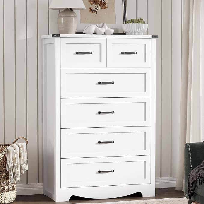 Dresser for Bedroom with 6 Drawers, 46" Tall Wood Chest of Drawers with Deep Drawers & Mental Handle, Modern Dresser TV Stand, Wooden Closet Storage Organizer for Living Room, Hallway, Entryway, White - Image 3