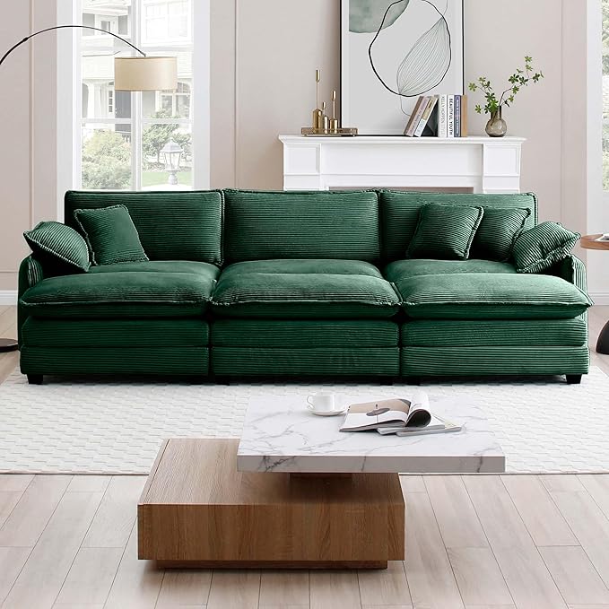 KEIKI 115" Oversized Corduroy Modular Sectional Sofa with 3 Ottoman, High-Density Foam Cushions, Removable Armrests, Upholstered 3-Seater Fluffy Corner Couch with 5 Pillow, for Living Room, Green