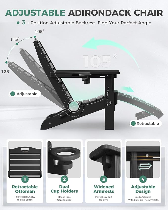 Adjustable Adirondack Chairs Set of 4 with Retractable Ottoman, HDPE Folding Adirondack Chair with Cup Holders, Weather Resistant for Backyard, Poolside & Fire Pit (Black) - Image 5