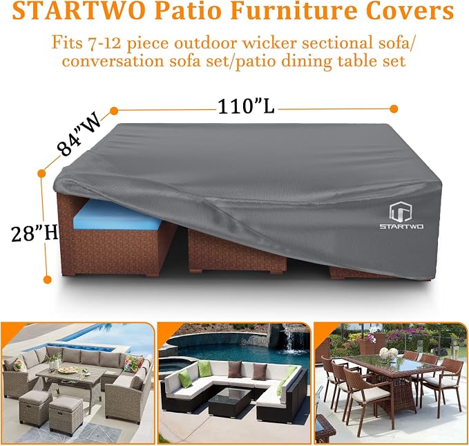 STARTWO Patio Furniture Covers Waterproof, Anti-UV Tear-Resistant 500D Heavy Duty 7-12 Seats Outdoor Furniture Cover for Sectional Sofa and Table Chairs, 110"x84"x28", Grey - Image 2