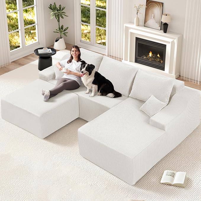 HABUTWAY 94“ U Shaped Modular Sectional Couch for Living Room, Modular Cloud Sofa with Ottoman, No Assembly Boneless Couches with Deep Seat, Corduroy Fabric (Beige, Right Facing)