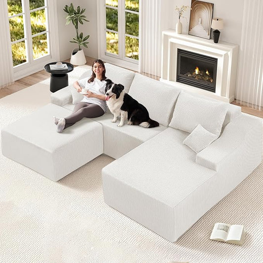 HABUTWAY 94“ U Shaped Modular Sectional Couch for Living Room, Modular Cloud Sofa with Ottoman, No Assembly Boneless Couches with Deep Seat, Corduroy Fabric (Beige, Right Facing)
