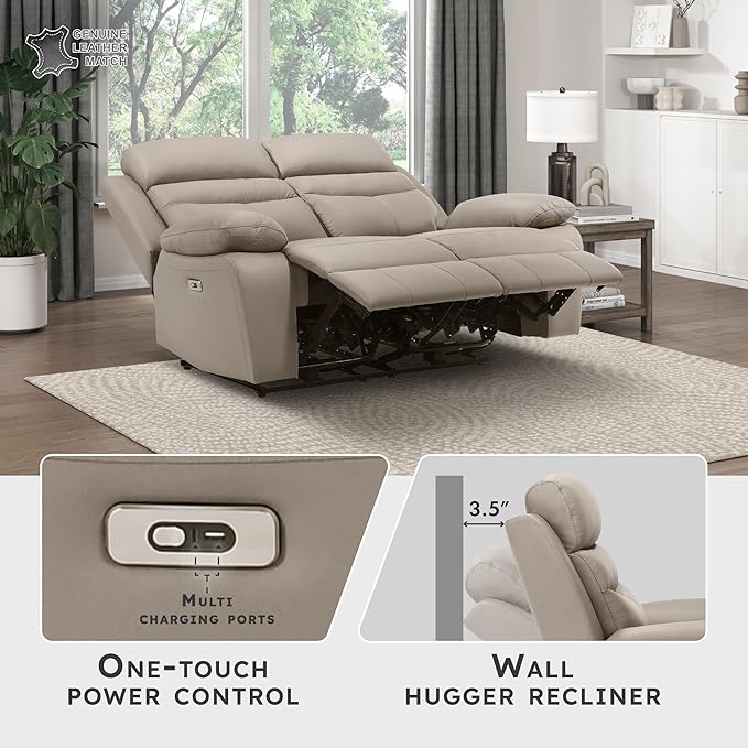 Lexicon Recliner Sofa for Living Room, Double Reclining RV Couch, Power Wall Hugger Recliner Home Theater Seating Leather Match Reclining Sofa, with USB Charge Port, 64''W Loveseat, Latte