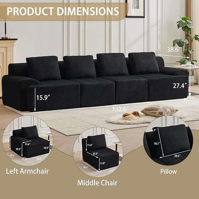 Modular Sectional Sofa with Movable Ottoman, 4 Seat Deep Seat Couch with 4 Pillows, Comfy Cloud Sectional Sofa for Living Room, Bedroom and Apartment (Black, 1 Left+1 Right+2 Middle)