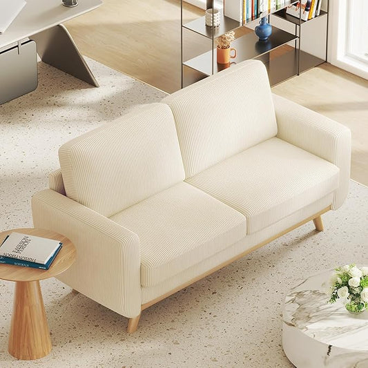 68" Beige Corduroy Loveseat Sofa, Comfy Deep Seat Couch with Spring Cushion & Solid Wood Frame, Modern 2-Seater Sofa for Living Room Bedroom Office