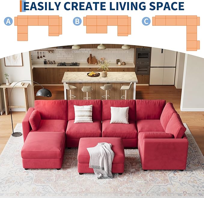 IDEALHOUSE 138" Modular Sectional Sofa, 7 Seater Sectional Couch, U-Shape Modern Sofa with Ottoman, Deep Seat, Oversized Convertible Modular Couch for Living Room Apartment Office, Chenille, Red