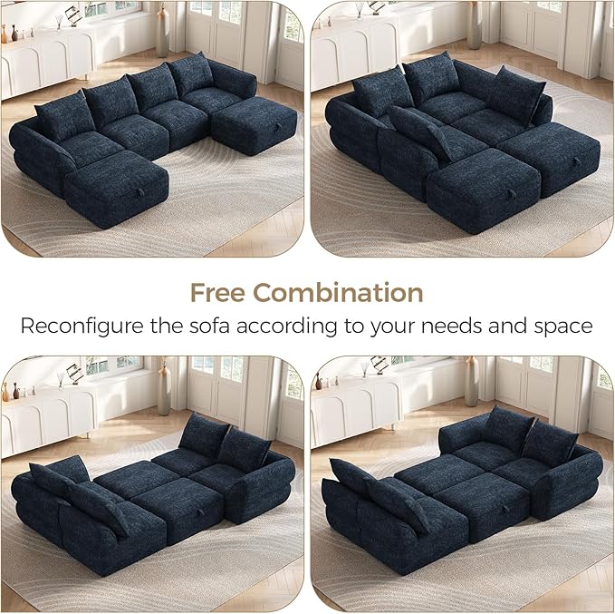 132" Modular Sectional Sofa with Deep Seat, U-Shaped Cloud Couch for Living Room, 4-Seater Boneless Sofa with 2 Ottomans, Flexible Combination Modern Upholstery Sofa, No Assembly Required, Aqua Blue