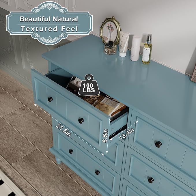 Scurrty 6 Drawer Dresser, Antique Chest of Drawers, Large Cabinet with Storage, Big Dresser for Clothes in Living Room, Bedroom (Blue) - Image 5