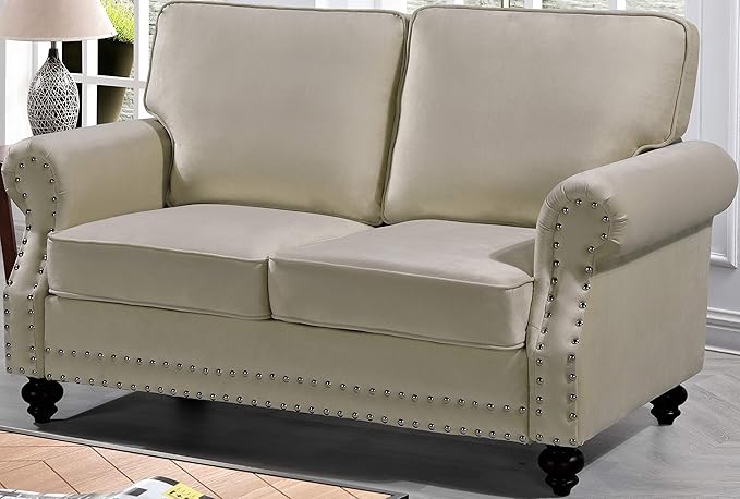 Lotus Mid Century Modern Velvet Upholstered Living Room Rolled Arms, Loveseat, Beige