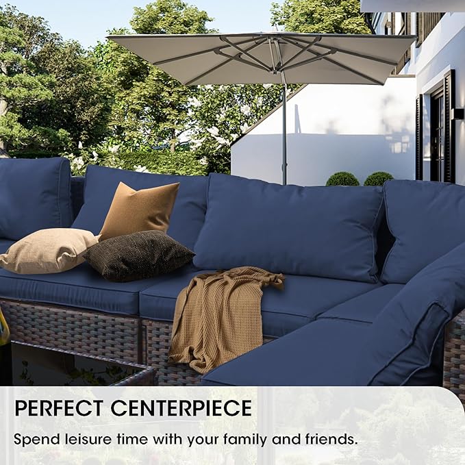 Grezone 9 Piece Patio Furniture Set with 44" Fire Pit Table, Outdoor Sectional Couch, PE Rattan Patio Conversation Sets with 4inch Cushions for Backyard Deep Blue (NY)