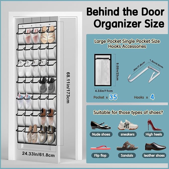 Kotkn 35 Compartment Over The Door Storage - Breathable Mesh Hanging Organizer with Large Pockets, Space Saving Design for Men & Women's Footwear, Closet, Bedroom ???White??? - Image 3