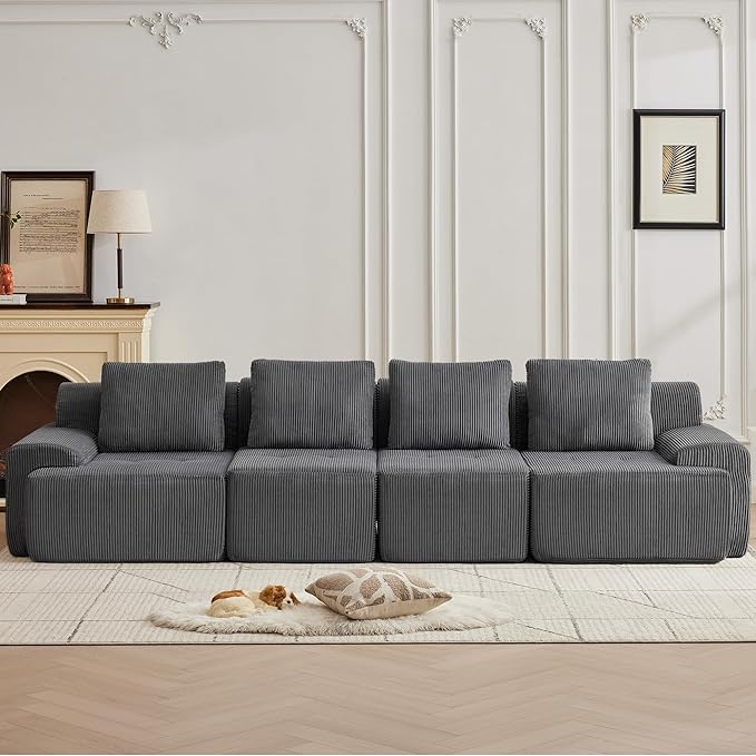Modular Sectional Sofa with Movable Ottoman, 4 Seat Deep Seat Couch with 4 Pillows, Comfy Cloud Sectional Sofa for Living Room, Bedroom and Apartment (Grey, 1 Left+1 Right+2 Middle)