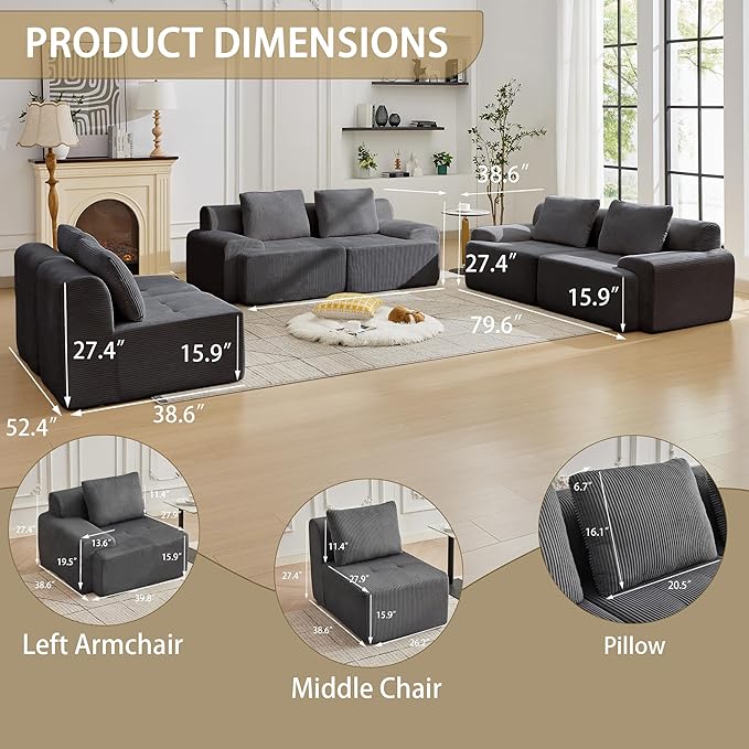 Modular Sectional Sofa with Movable Ottoman, 6 Seat Deep Seat Couch with 6 Pillows, Comfy Cloud Sectional Sofa for Living Room, Bedroom and Apartment (Grey, 2 Left+2 Right+2 Middle)