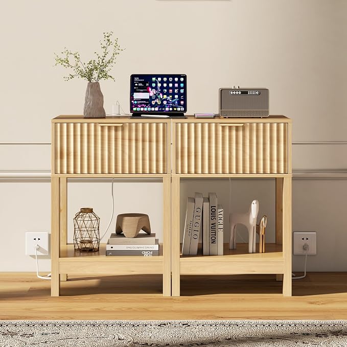 Nasonet Night Stand Set 2, Fluted Nightstand with Charging Station, Wood Bedside Table with Drawer & Storage Shelf, Modern End Tables for Bedroom Sofa Couch Office, Natural Oak - Image 6