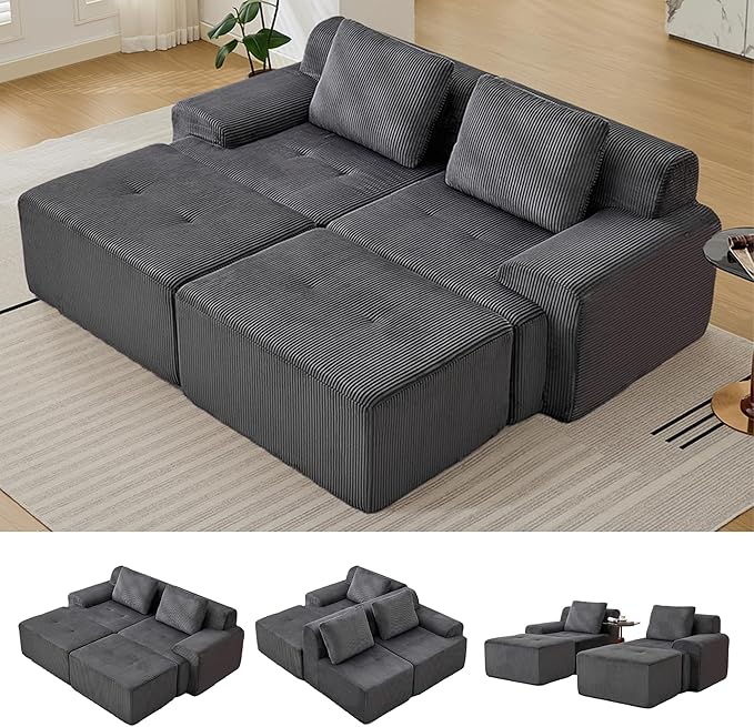 Boneless Couches for Living Room, Corduroy Couch, Modular Sectional Sofa, Big Comfy Couch, Modular Cloud Sofa with Deep Seat, Sofabed (Grey, 4 Pieces-Bedshape)