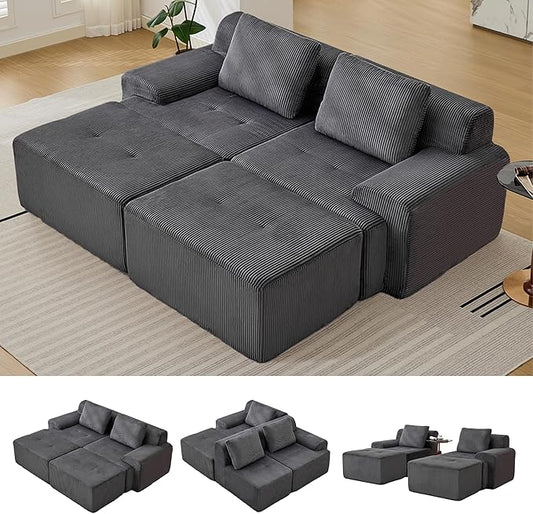 Boneless Couches for Living Room, Corduroy Couch, Modular Sectional Sofa, Big Comfy Couch, Modular Cloud Sofa with Deep Seat, Sofabed (Grey, 4 Pieces-Bedshape)