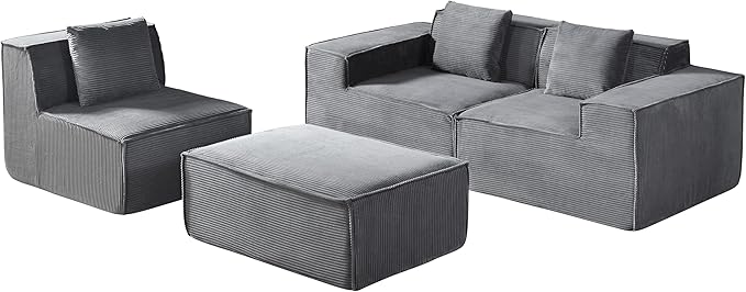 Rowan Convertible Corduroy Sectional Couch with Ottoman & Pillows, Modular L Shaped Sleeper Sofa, Boneless Cloud Couch for Living Room Furniture, Dark Grey