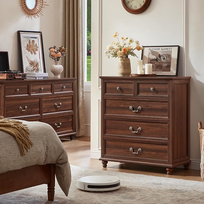 Joaxswe Farmhouse 5 Drawer Dresser Set of 2 for Bedroom, 35" Tall Rustic Chests of Drawers w/ 4 Solid Wood Feet, Mid Century Vintage Wooden Closet Storage Dressers Organizer for Living Room,Brown - Image 3