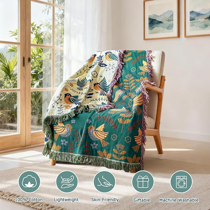 Boho Throw Blanket - 100% Cotton Soft Throw Blanket for Bed, 90"x108" Reversible Breathable Lightweight Spring Blankets, All Seasons Farmhouse Decor Floral Plant Bird Throw Quilt