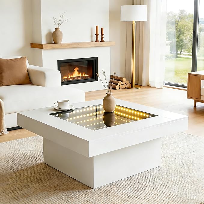 FKWin Modern Coffee Table for Living Room - 31” Endless Depth Mirror Center Table with Led Lights, Unique Square Coffee Table with Tempered Glass-Top, White