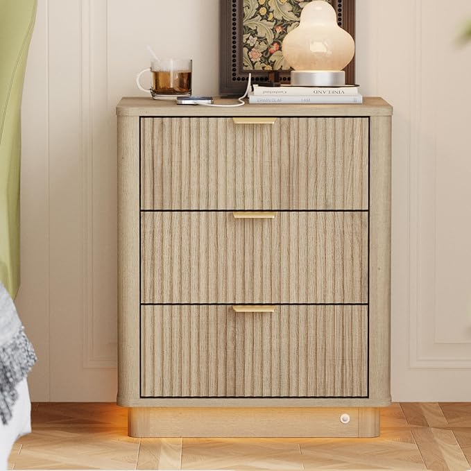 Fluted Nightstand, Curved Night Stand with Charging Station Lighting, Wood End Table with 3 Drawers, Modern Side Table Storage Cabinet for Bedroom Office,(1, Natural) by BONITURE