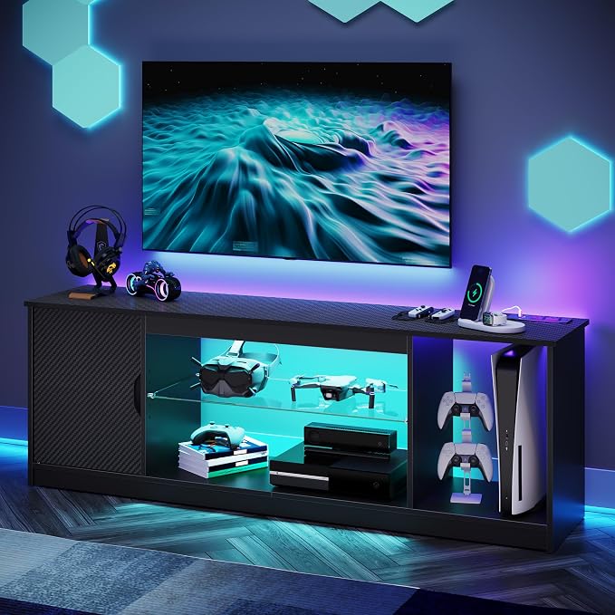 Bestier TV Stand with Power Outlets for Bedroom, Gaming TV Stand for 65inch TV, Black Entertainment Center for PS5, TV Console with Adjustable Glass Shelves for Living Room, Black by Bestier