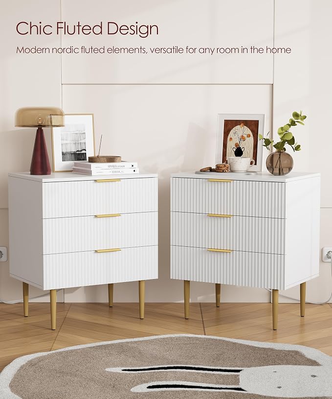 Akxomel 3 Drawer Nightstand with Charging Station, 23.2" W Large Fluted Night Stand, Modern Bedside Table with USB Ports and Outlets, for Bedroom, White and Gold - Image 3
