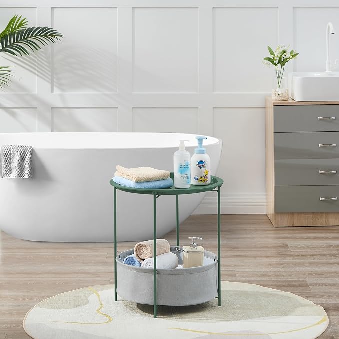 VECELO Round Side/End Table with Fabric Storage Basket，Metal Anti-Rust and Waterproof Small Bedside Nightstand with Removable Tray Top for Living Room，Balcony & Laundry，Dark Green /1pcs with Basket - Image 5