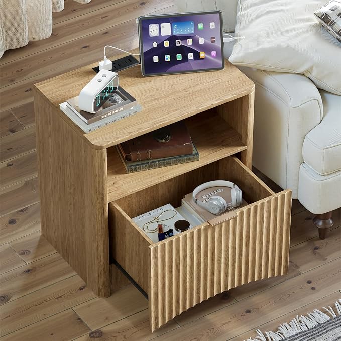 Evermagin Fluted Nightstand with Charging Station, Natural Oak Bedside Table with Drawer and Storage, Wood End Table Mid Century Modern, Large Night Stand for Bedroom - Image 5