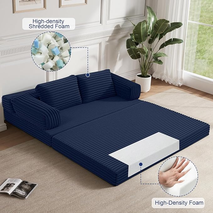 MeMoreCool Convertible Sofa Bed, Folding Floor Couch Bed Queen, Pull Out Sleeper Couch with Pillows, Fold Out Futon Sofa for Bedroom Living Room Small Space, Corduroy Beige