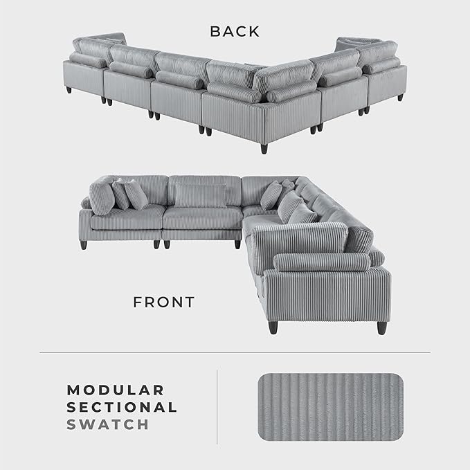 Lexicon 120 Inch Modular Sectional Sofa - Oversized 6 Seater Corduroy L Shaped Sectional Couch, 9 Accent Pillows, and Flexible Arrangement for Modern Living Rooms, Gray