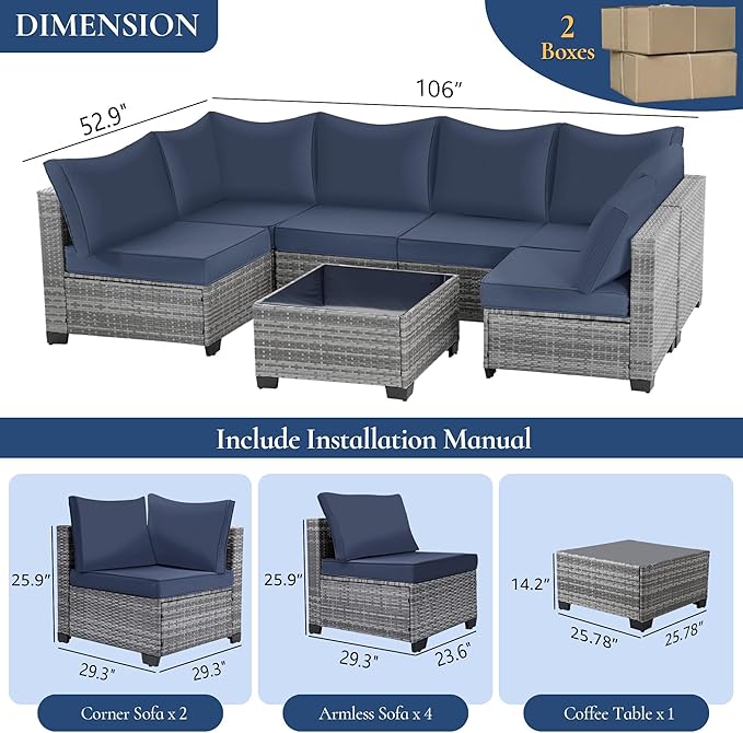 FHFO 7 Piece Outdoor Wicker Patio Furniture Set, Rattan Sectional Sofa Couch, Patio Conversation Set with Cushion & Coffee Table, for Backyard Poolside Porch Garden, Grey/Blue